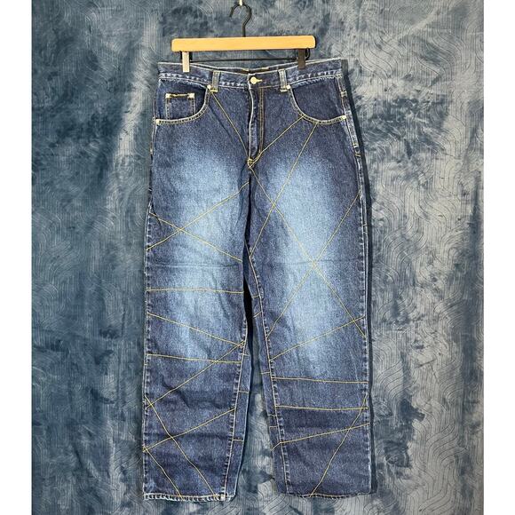 Vintage VIBES Blue Denim Striped Design Jeans Y2k Baggy Jeans Mens Size 36 X 34 - Picture 1 of 8